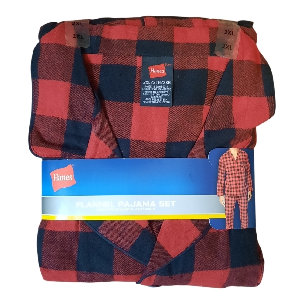 NWT Hanes Flannel Pajama Set Red Black Buffalo Check Cotton Blend Size 2XL